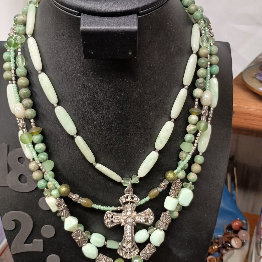 Elegant Multi Layer green stone multi media necklace w/ Silver Cross Pendant